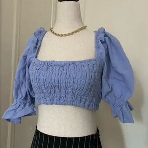 Free people Blue Smocked Puff Sleeve Top
